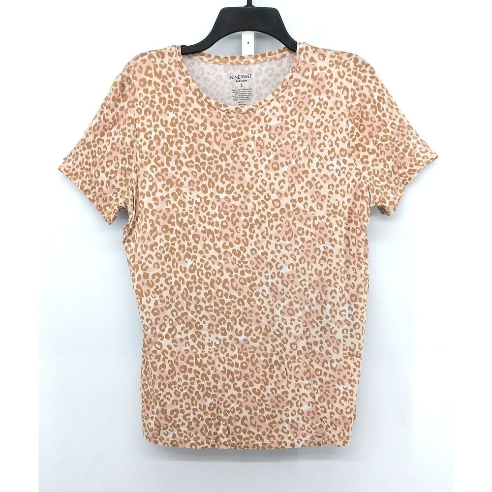 Nine West Soft Spun Shirt Women Size L Animal Print Short Sleeve Casual Top